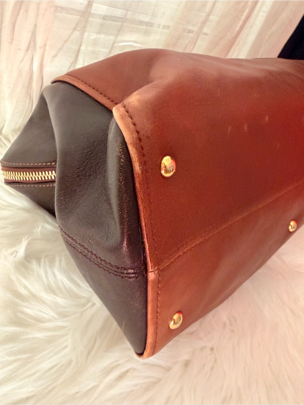Fendi Two-Tone Brown Dark Brown and Black Leather Satchel with Gold Accents - Picture 8 of 13